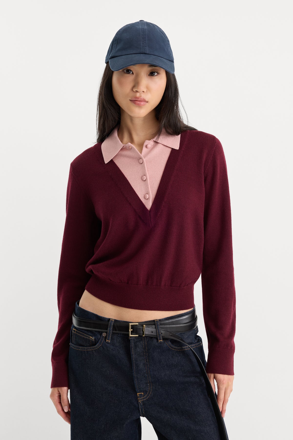 THE TWO IN ONE SWEATER | BERRY NOIR WITH BLUSH-1 | GOOD AMERICAN | MODEL_A