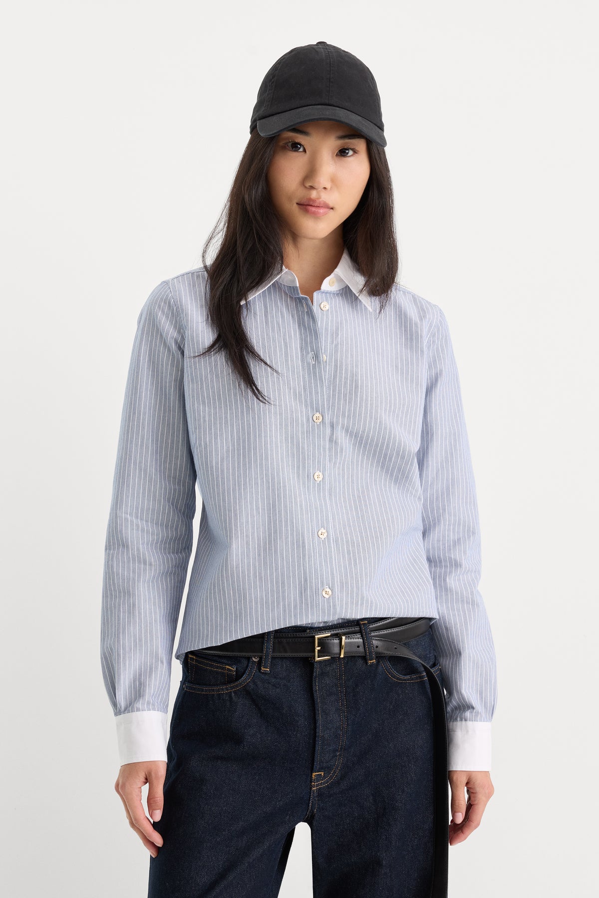 THE OXFORD CONTRAST SHIRT | SLATE BLUE STRIPE-1 | GOOD AMERICAN | MODEL_A
