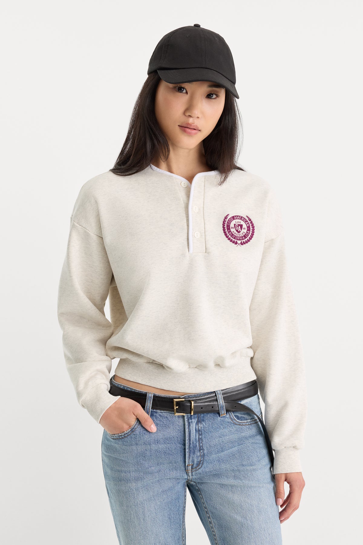 THE BRUSHED FLEECE HENLEY | OATMEAL-1 | GOOD AMERICAN | MODEL_A