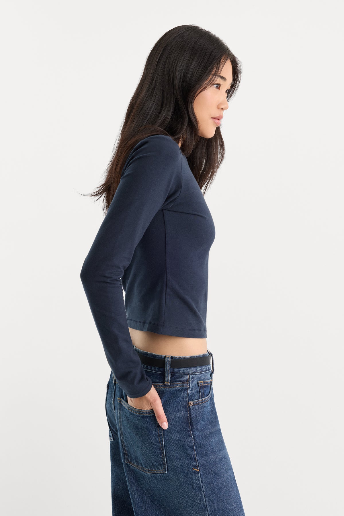 THE LONG SLEEVE BABY TEE | NEW NAVY-2 | GOOD AMERICAN | MODEL_A