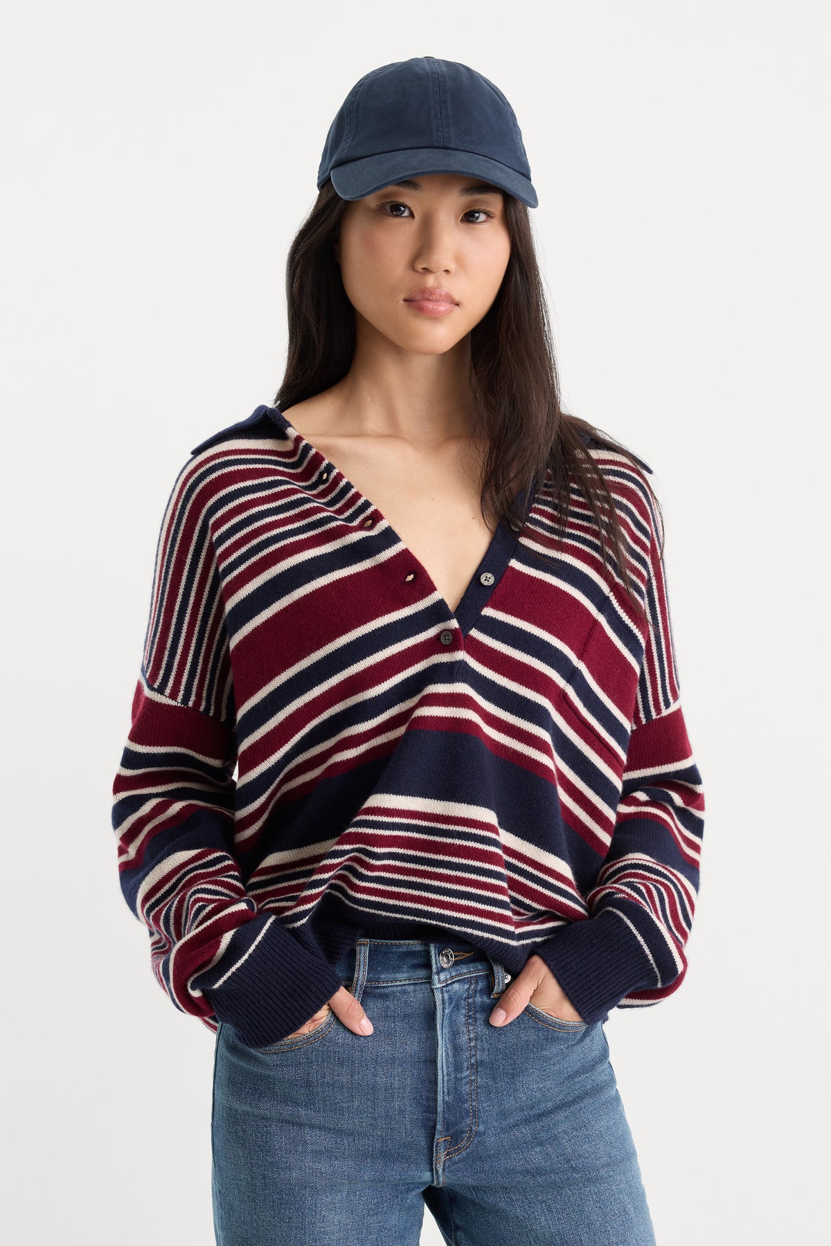 THE OVERSIZED RUGBY SWEATER | MULTI STRIPE-3 | GOOD AMERICAN | MODEL_A