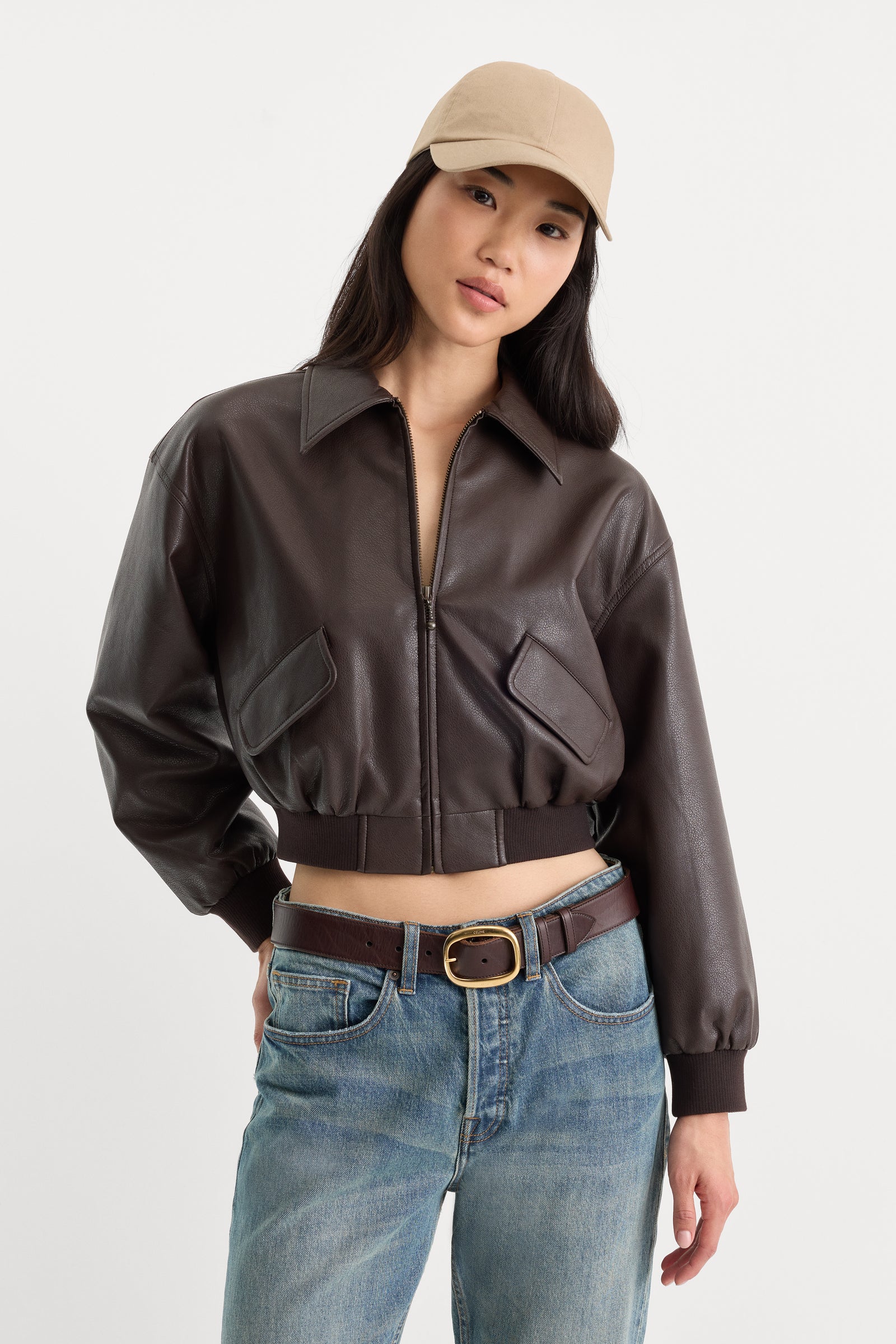 THE BETTER THAN LEATHER BOMBER JACKET | ESPRESSO-1 | GOOD AMERICAN | MODEL