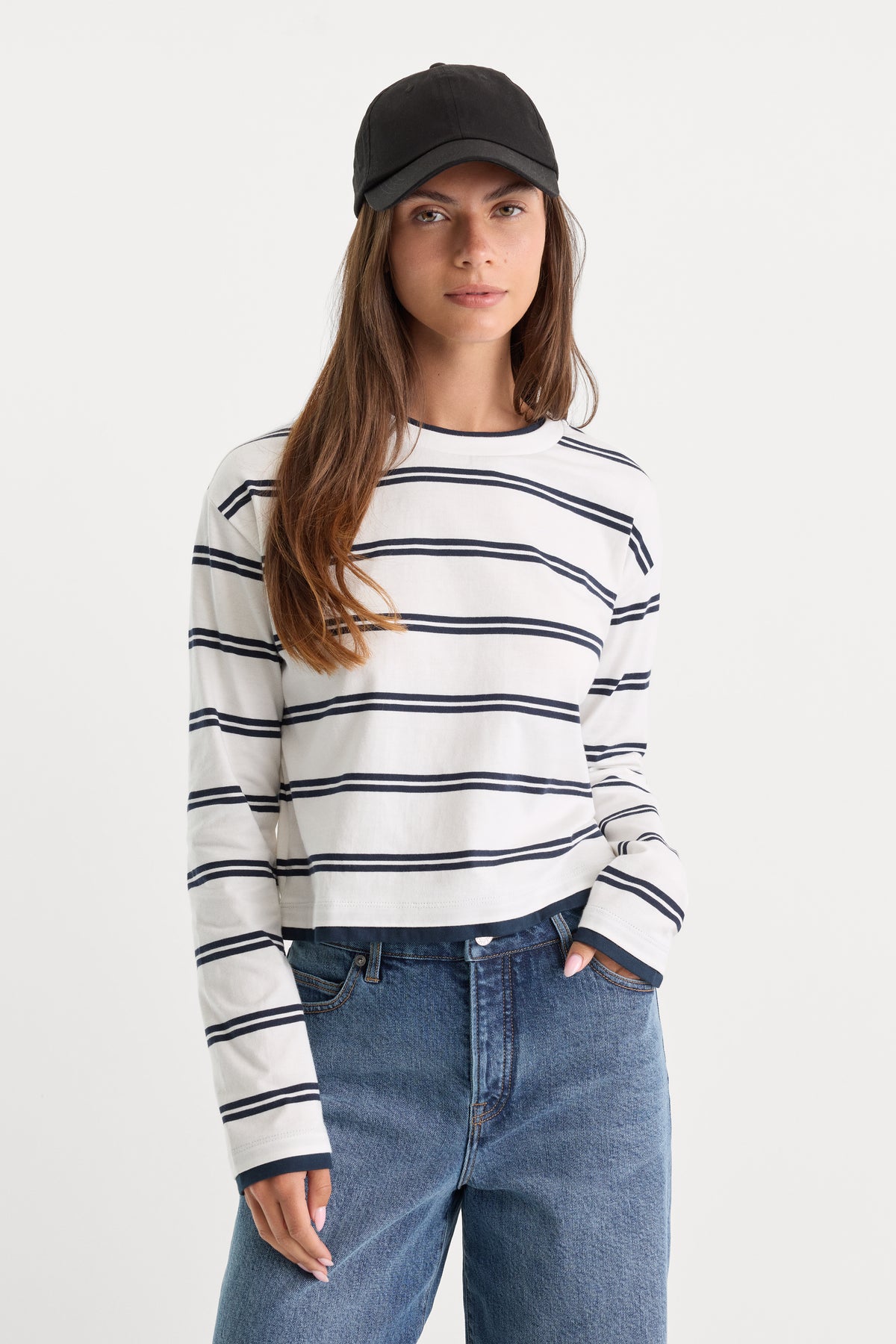 THE LONG SLEEVE LAYERED TEE | NAVY DOUBLE STRIPE-1 | GOOD AMERICAN | MODEL_A