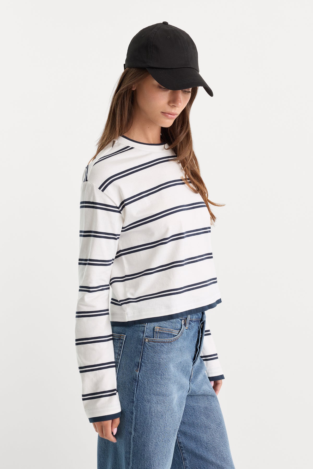 THE LONG SLEEVE LAYERED TEE | NAVY DOUBLE STRIPE-2 | GOOD AMERICAN | MODEL_A