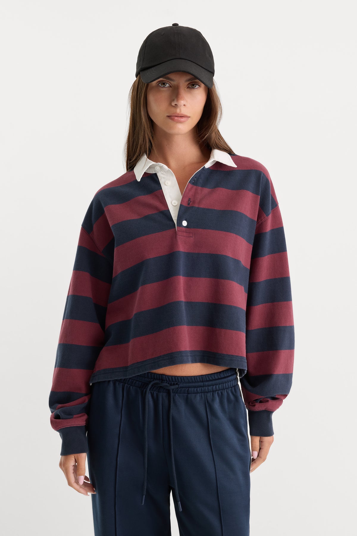 THE CROPPED RUGBY POLO | NAVY BERRY NOIR BLOCK STRIPE-1 | GOOD AMERICAN | MODEL_A
