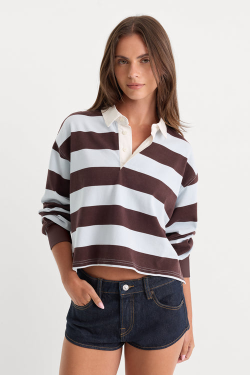THE CROPPED RUGBY POLO | ESPRESSO SKY BLOCK STRIPE