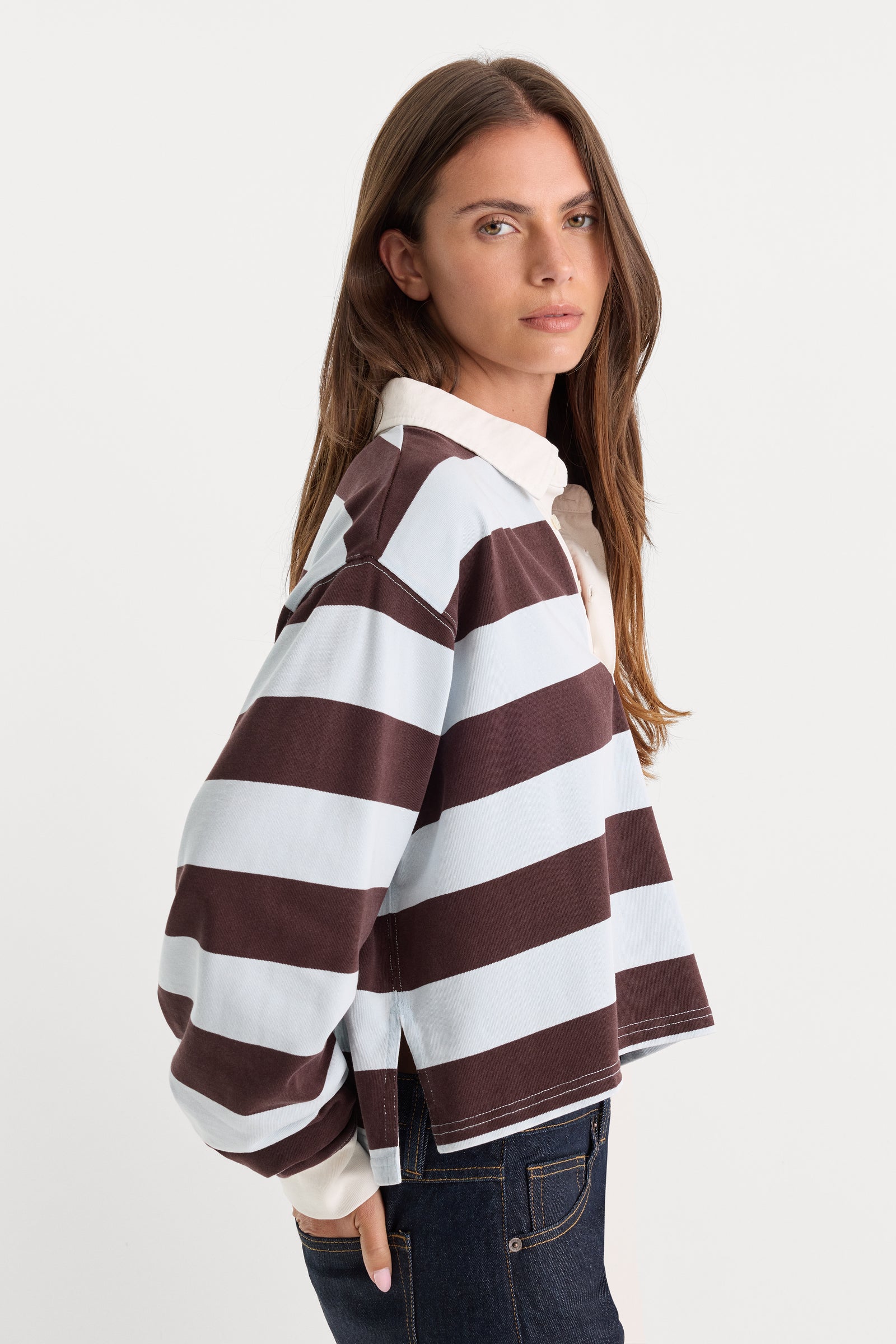 THE CROPPED RUGBY POLO | ESPRESSO SKY BLOCK STRIPE