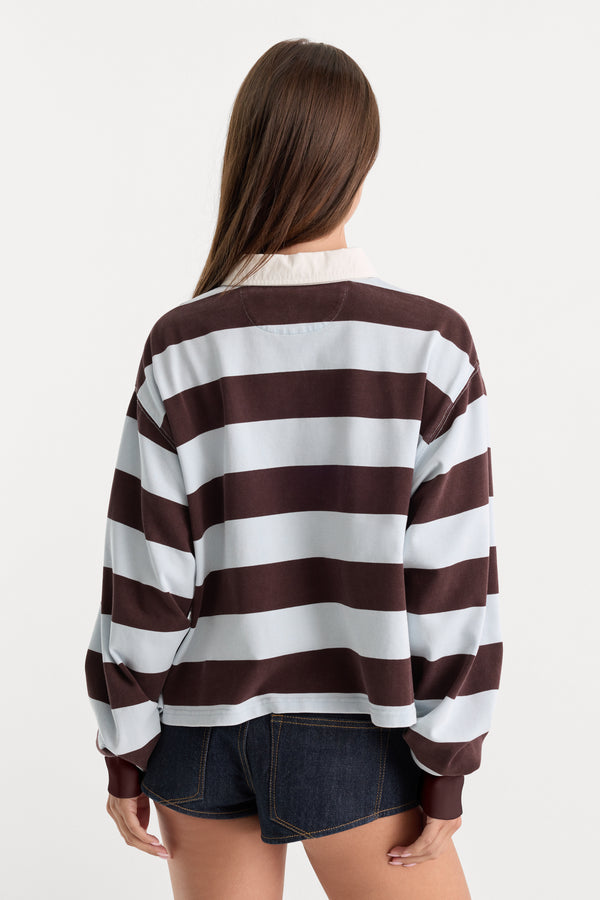 THE CROPPED RUGBY POLO | ESPRESSO SKY BLOCK STRIPE-3 | GOOD AMERICAN | MODEL