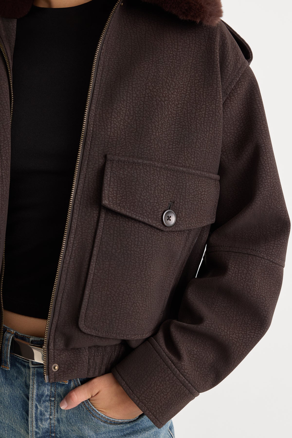 THE BETTER THAN LEATHER BOMBER JACKET | ESPRESSO-2 | GOOD AMERICAN | MODEL_A