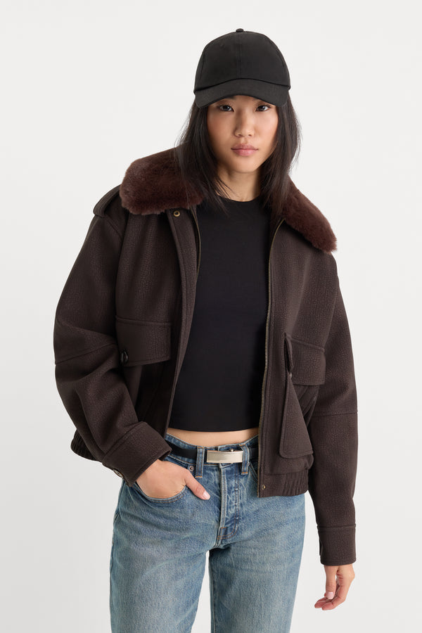 THE BETTER THAN LEATHER BOMBER JACKET | ESPRESSO-1 | GOOD AMERICAN | MODEL