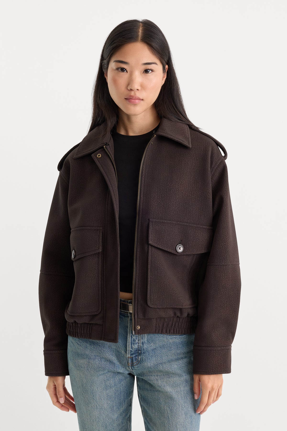 THE BETTER THAN LEATHER BOMBER JACKET | ESPRESSO-4 | GOOD AMERICAN | MODEL_A
