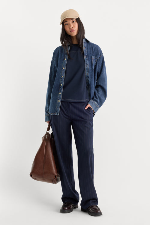 THE LOW RISE STRAIGHT LEG TROUSER | NAVY PINSTRIPE