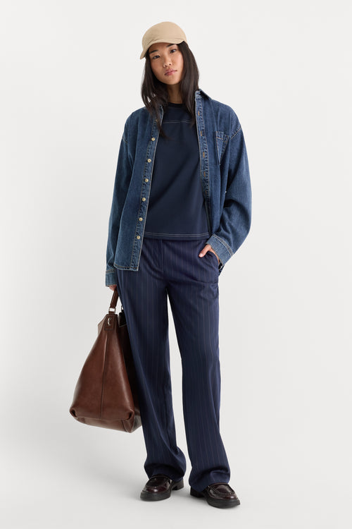 THE LOW RISE STRAIGHT LEG TROUSER | NAVY PINSTRIPE
