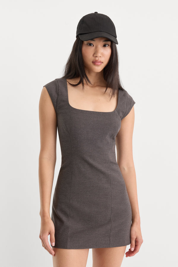 THE CAP SLEEVE MINI DRESS | CHARCOAL MINI HOUNDSTOOTH