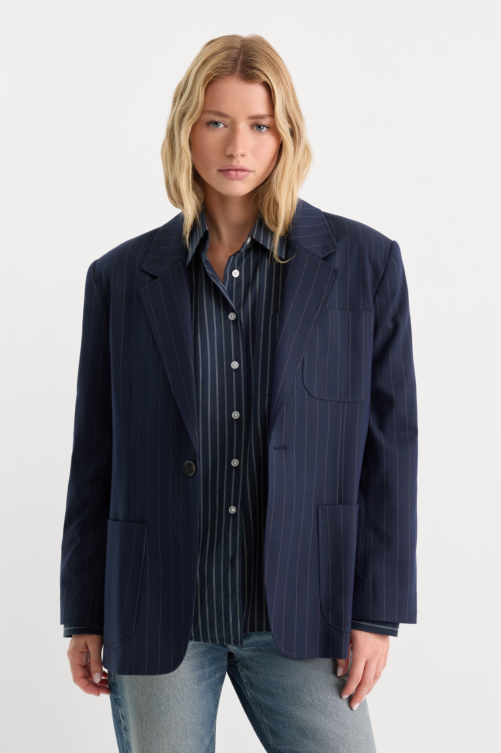 THE OVERSIZED BLAZER | NAVY PINSTRIPE