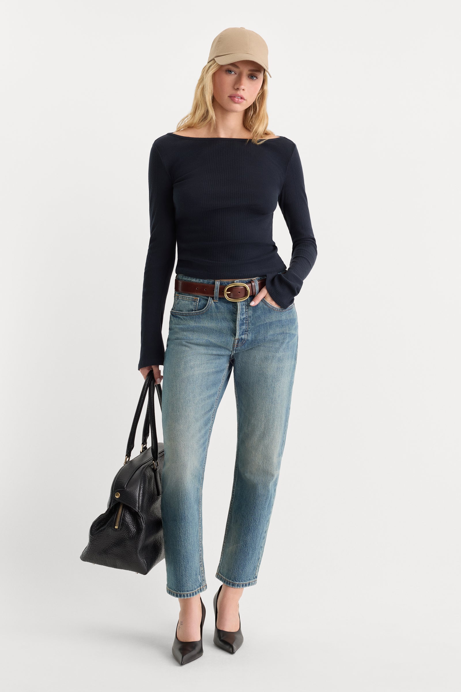 THE VARIEGATED RIB LONG SLEEVE TOP | NEW NAVY002