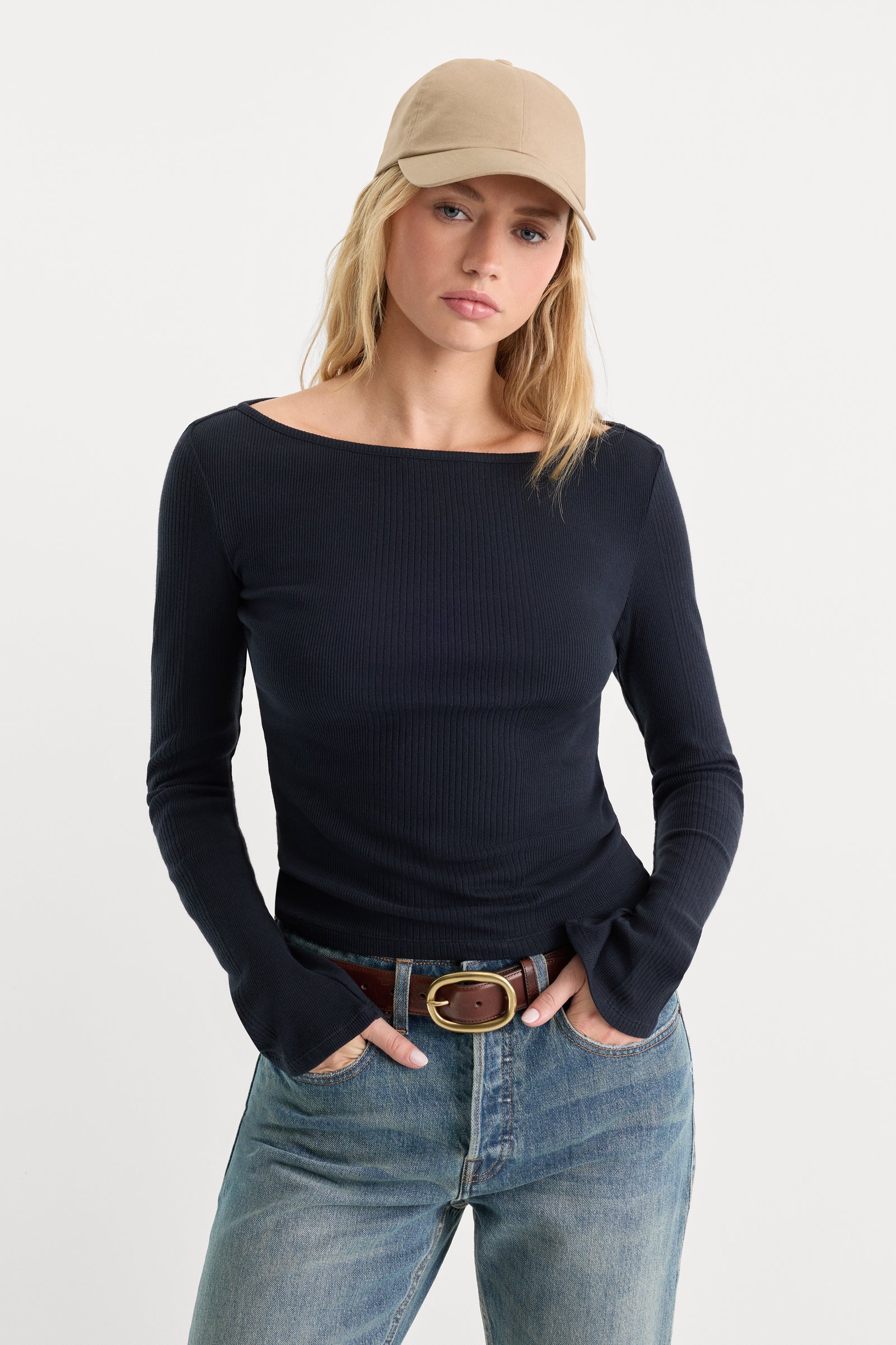 THE VARIEGATED RIB LONG SLEEVE TOP | NEW NAVY002