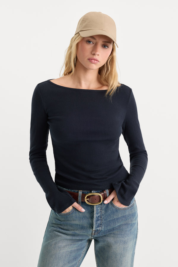 THE VARIEGATED RIB LONG SLEEVE TOP | NEW NAVY002