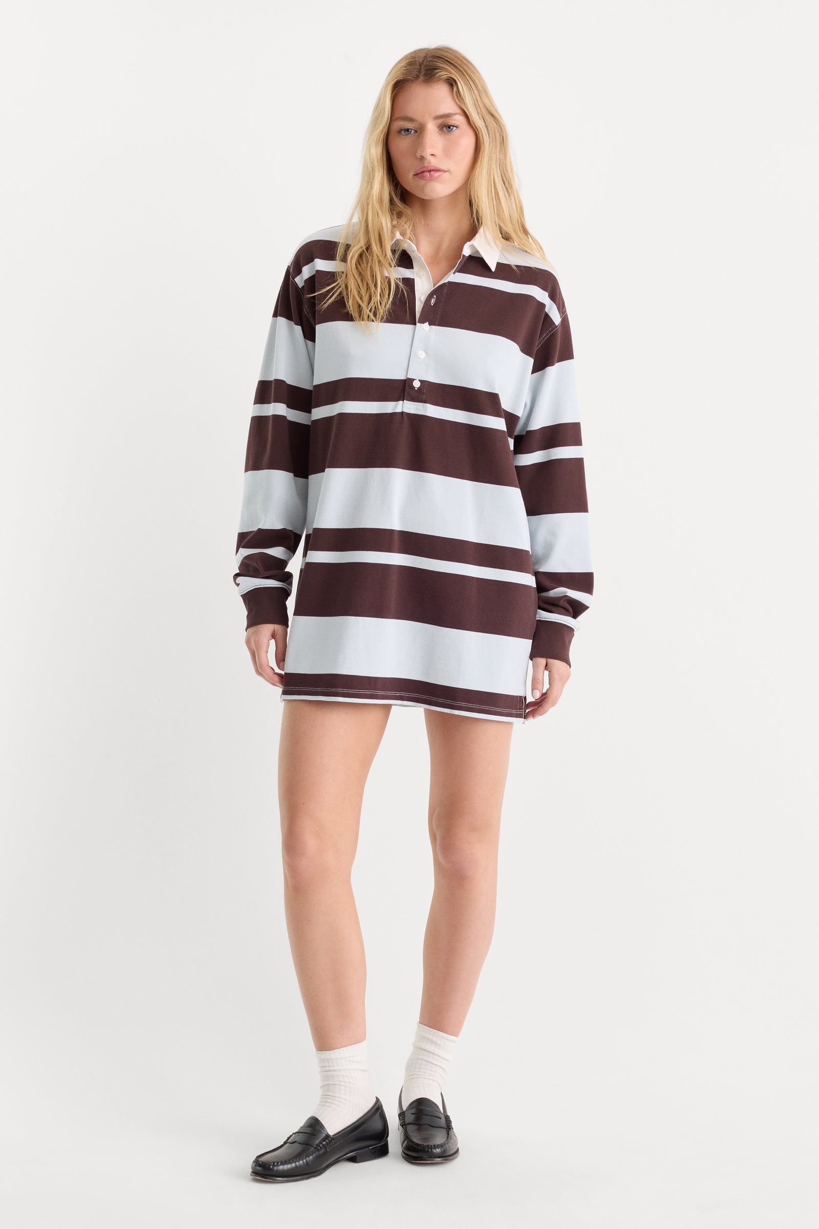 THE KNIT RUGBY MINI DRESS | SKY MOCHA CLUB STRIPE