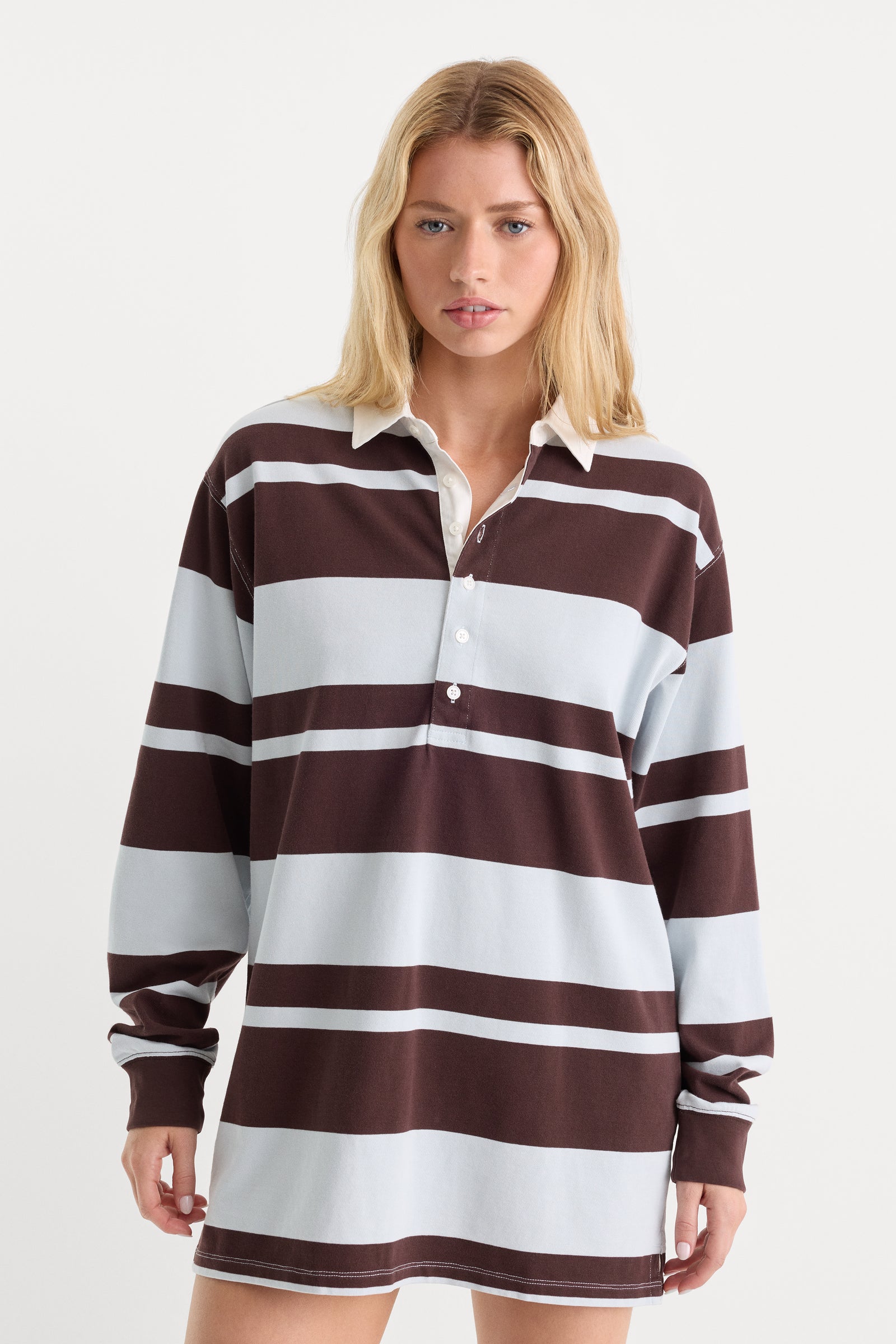 THE KNIT RUGBY MINI DRESS | SKY MOCHA CLUB STRIPE