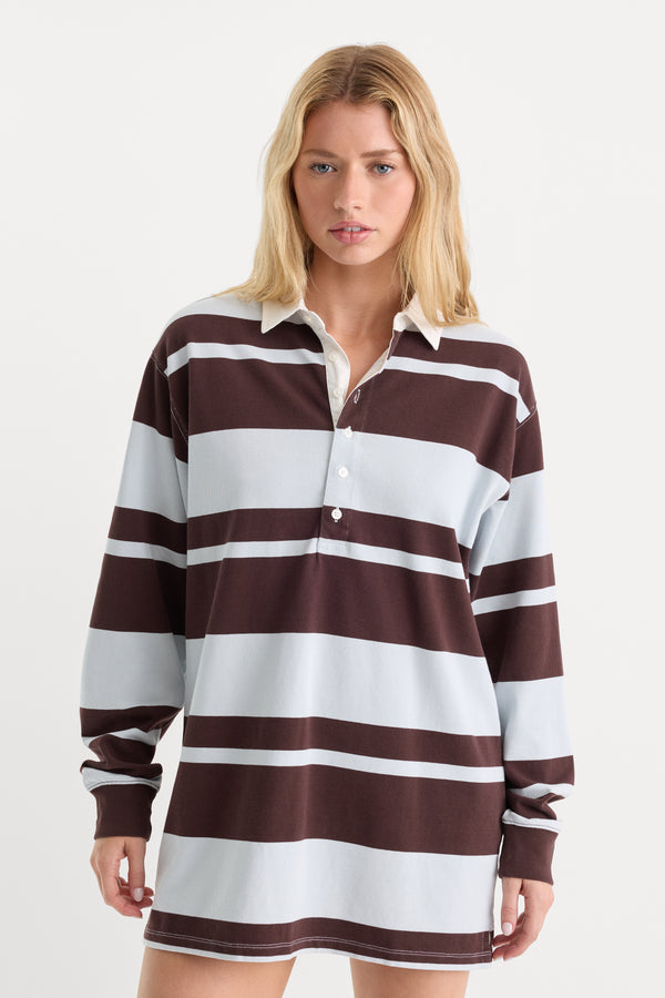 THE KNIT RUGBY MINI DRESS | SKY MOCHA CLUB STRIPE