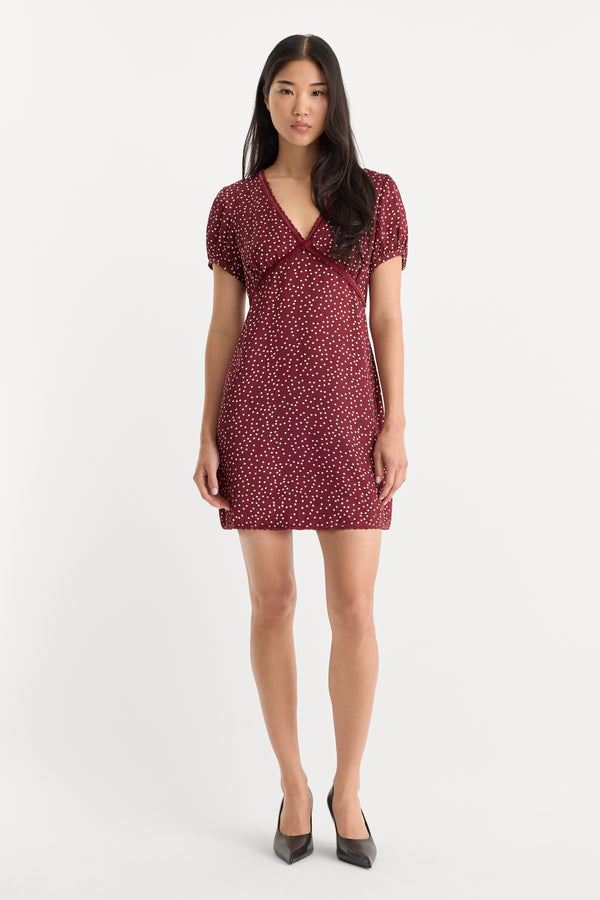 THE WOVEN V NECK DRESS | BERRY NOIR PRINT