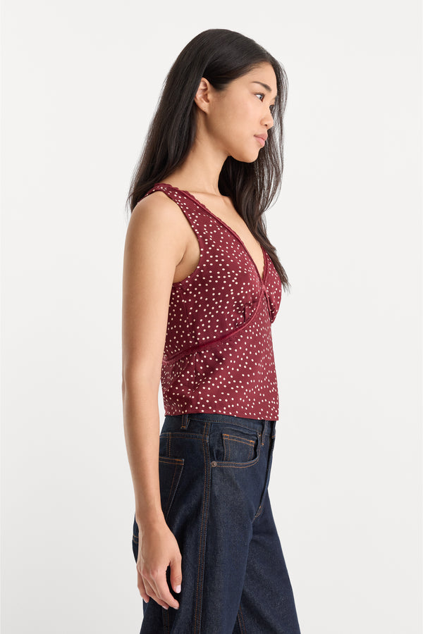 THE WOVEN V NECK TOP | BERRY NOIR PRINT