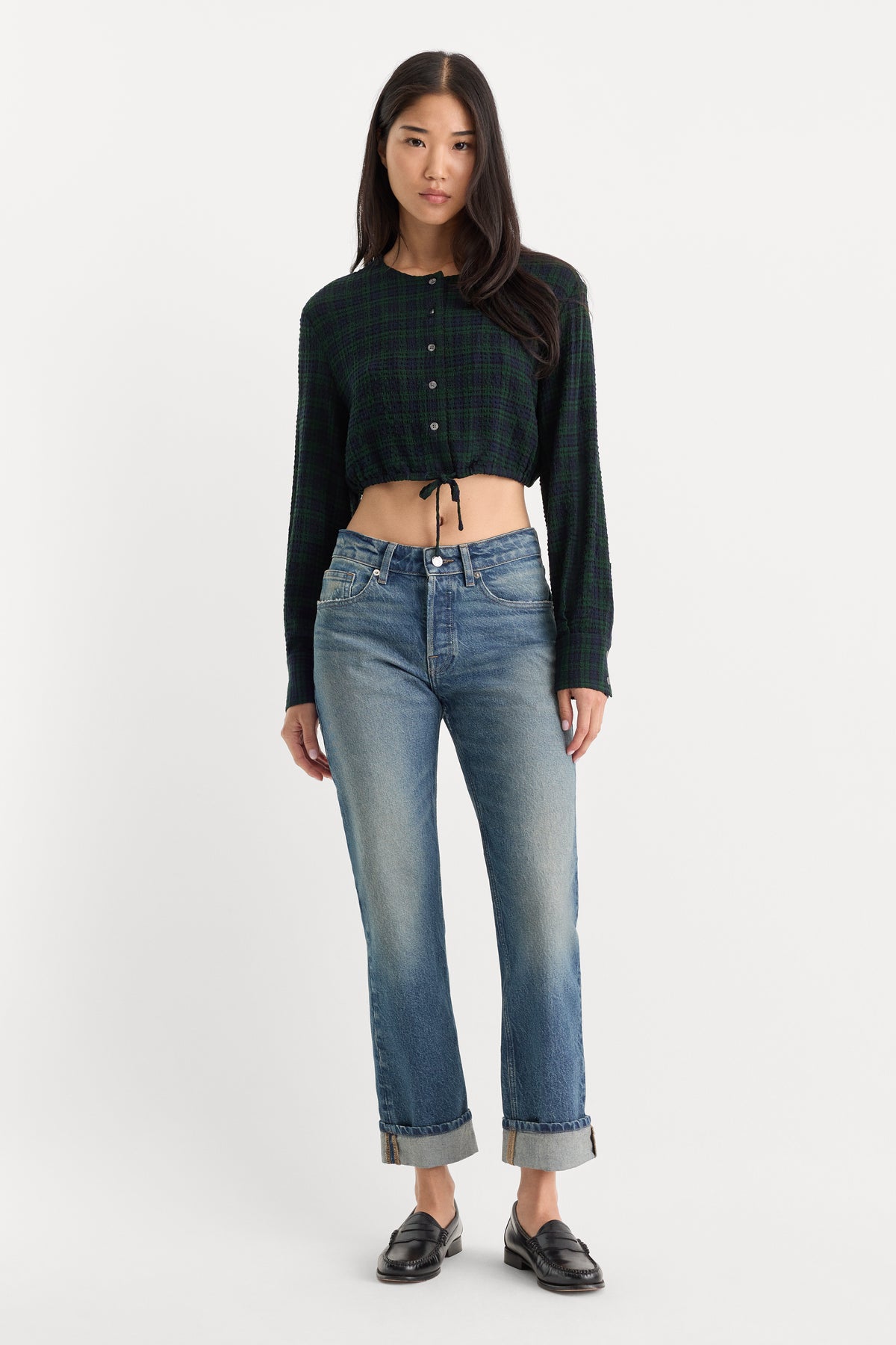 THE CRINKLE CINCHED SHIRT | FOREST PLAID