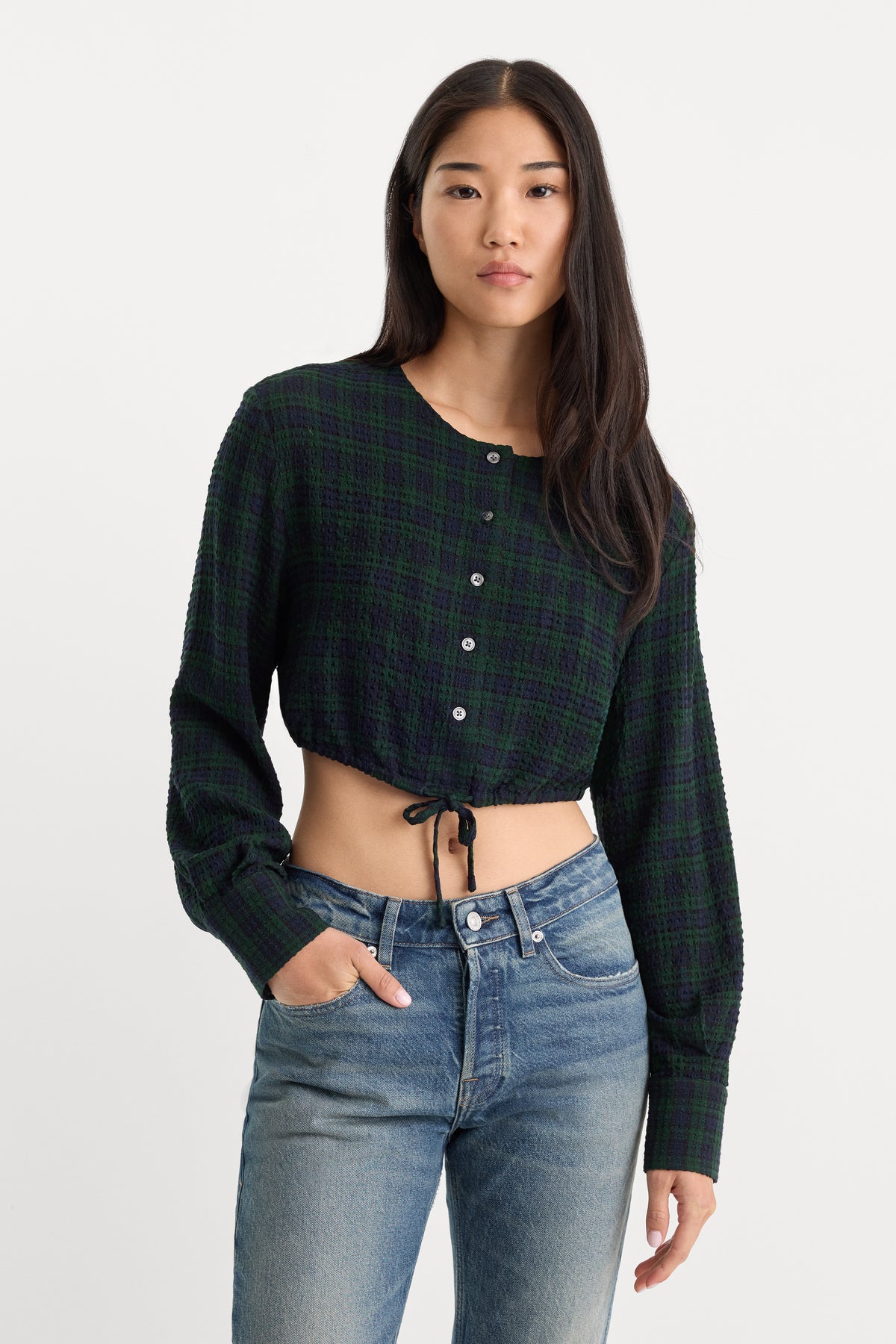 THE CRINKLE CINCHED SHIRT | FOREST PLAID