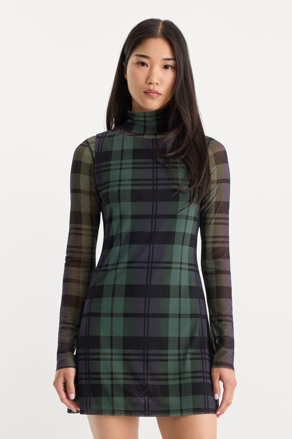THE MESH MINI DRESS | NAVY AND GREEN PLAID