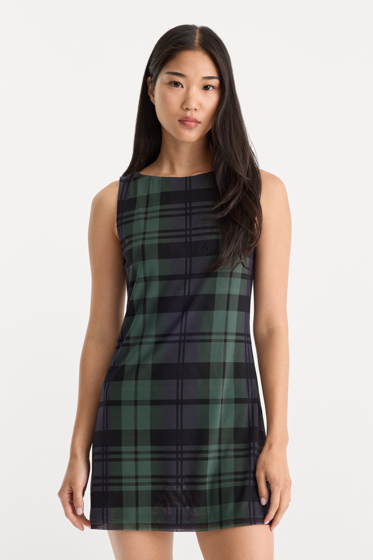 THE MESH MINI DRESS | NAVY AND GREEN PLAID