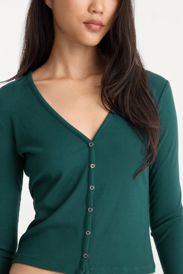 THE RIB V NECK CARDIGAN | FOREST GREEN