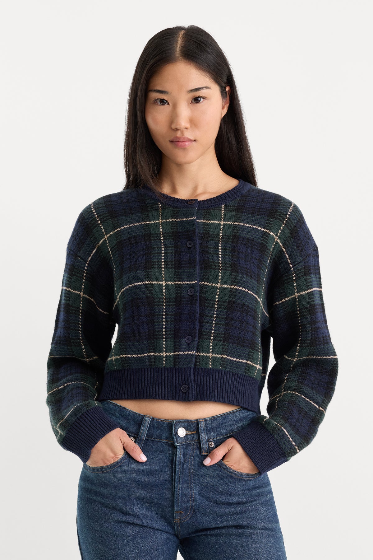 THE JACQUARD CARDIGAN | FOREST PLAID-1 | GOOD AMERICAN | MODEL_A