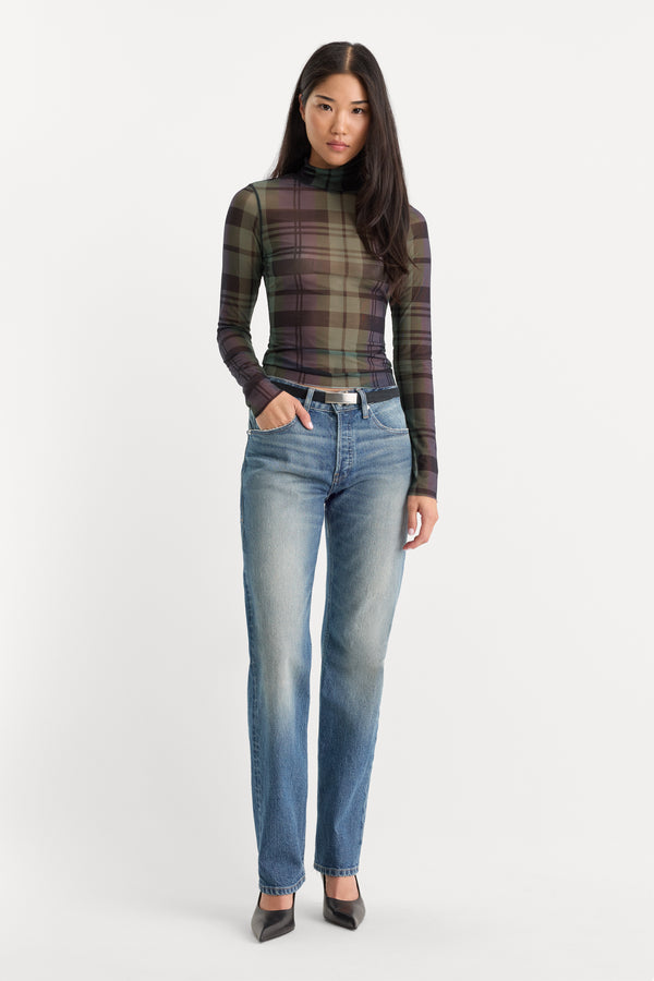 THE MESH TURTLENECK | NAVY AND GREEN PLAID