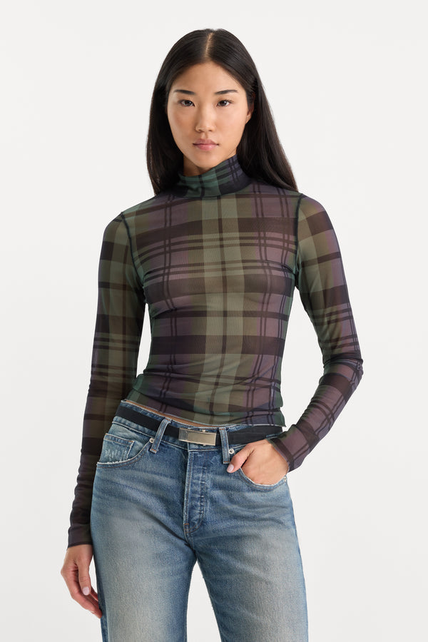THE MESH TURTLENECK | NAVY AND GREEN PLAID