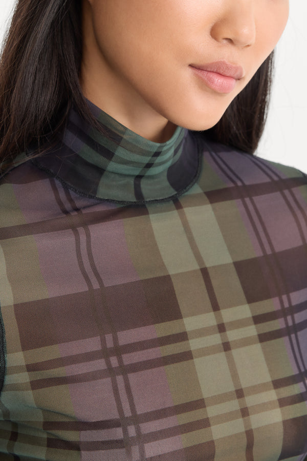 THE MESH TURTLENECK | NAVY AND GREEN PLAID