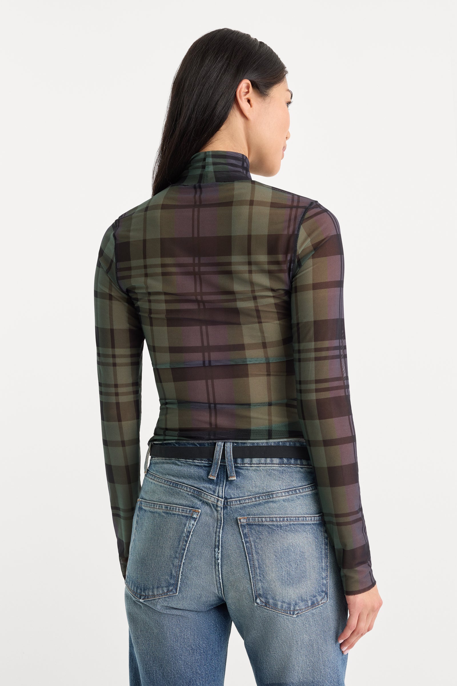 THE MESH TURTLENECK | NAVY AND GREEN PLAID