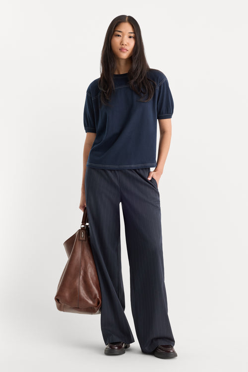 THE PINSTRIPE PULL ON TROUSER | NAVY PINSTRIPE