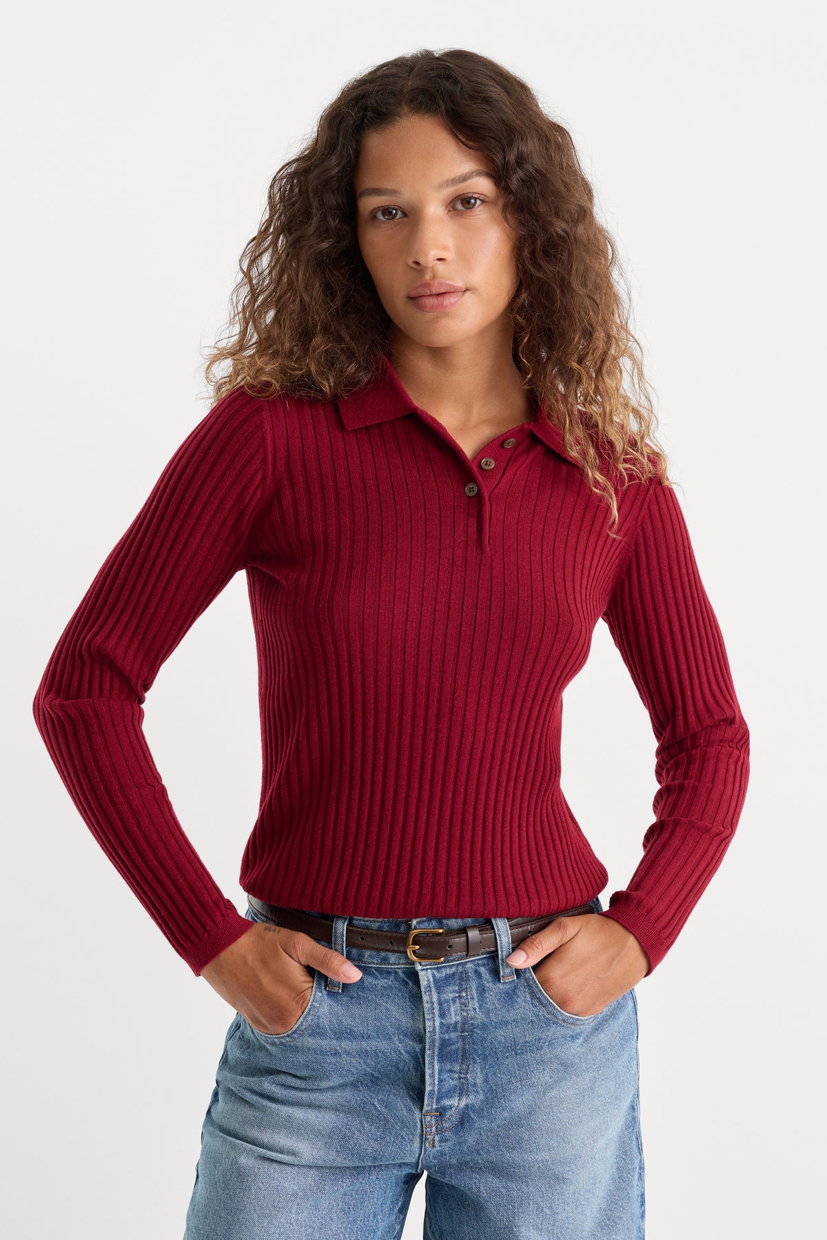 THE RIB POLO SWEATER | SYRAH-1 | GOOD AMERICAN | MODEL_A