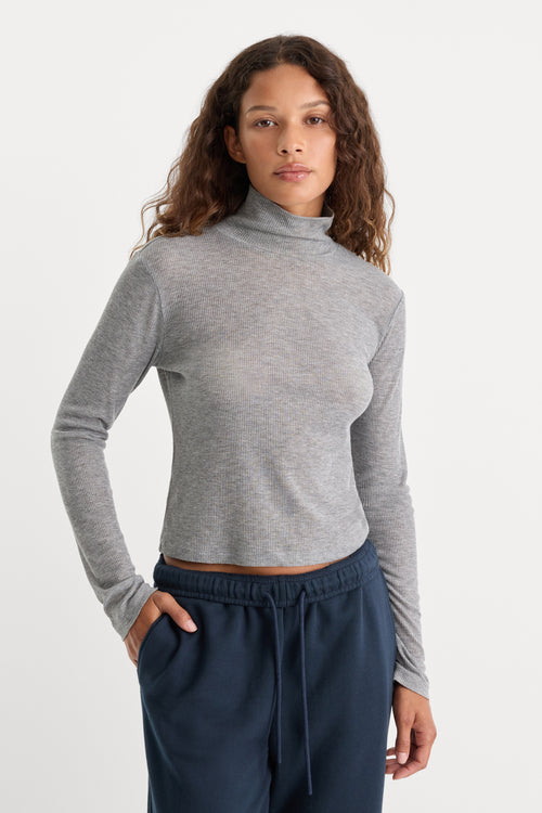 THE SHEER RIB TURTLENECK | GREY MELANGE-1 | GOOD AMERICAN | MODEL_A