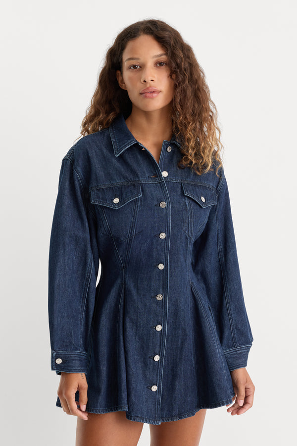 THE WEIGHTLESS FIT AND FLARE DENIM DRESS | WESTON-3 | GOOD AMERICAN | MODEL_A