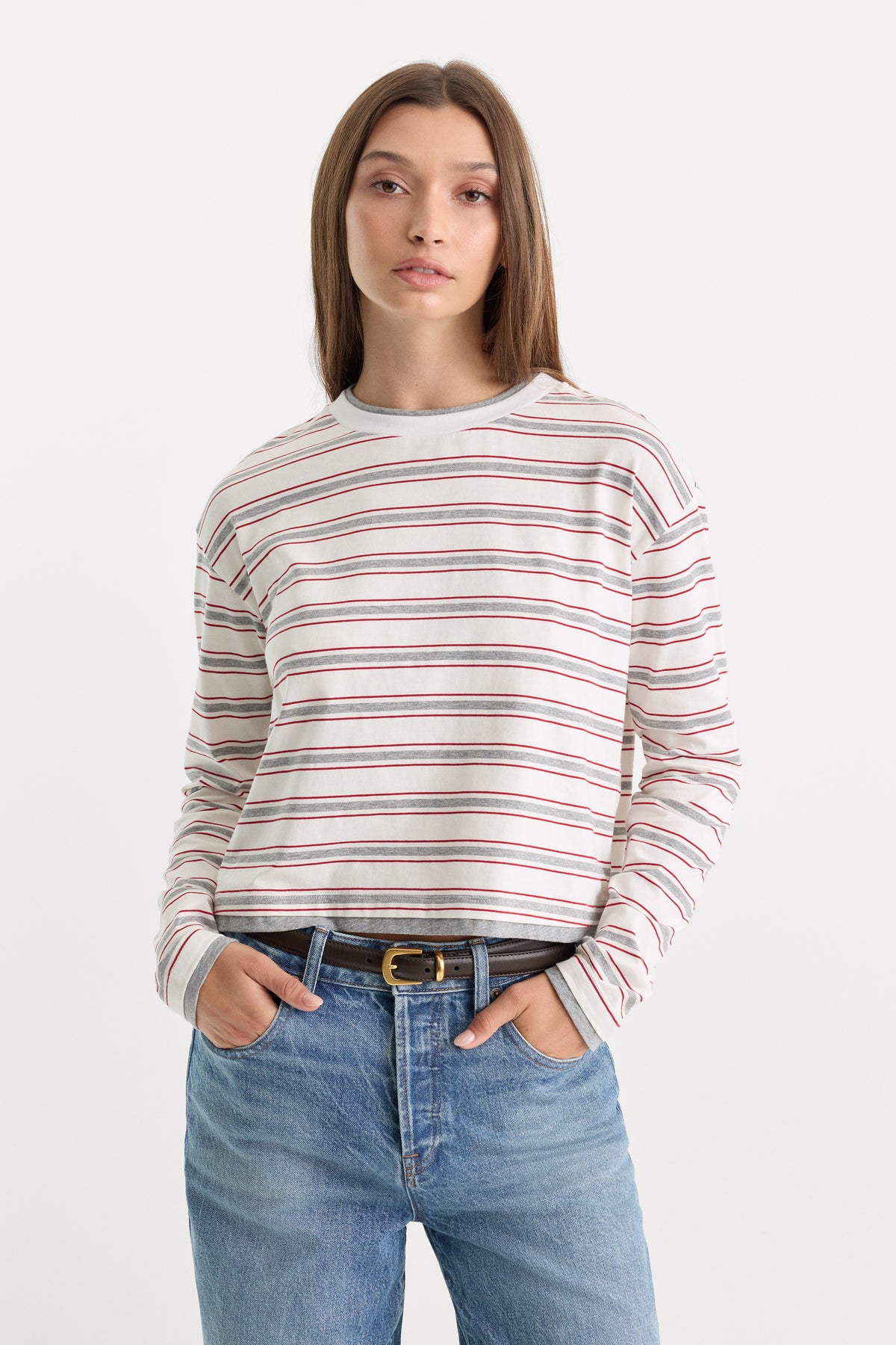THE LONG SLEEVE LAYERED TEE | CERISE MULTI STRIPE-1 | GOOD AMERICAN | MODEL_A