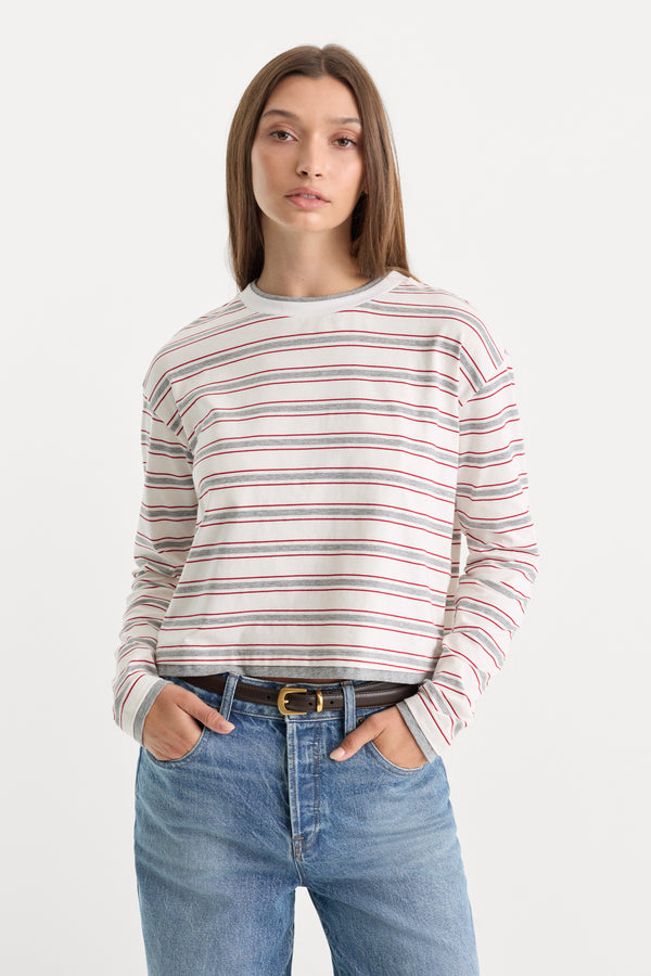 THE LONG SLEEVE LAYERED TEE | CERISE MULTI STRIPE-1 | GOOD AMERICAN | MODEL_A