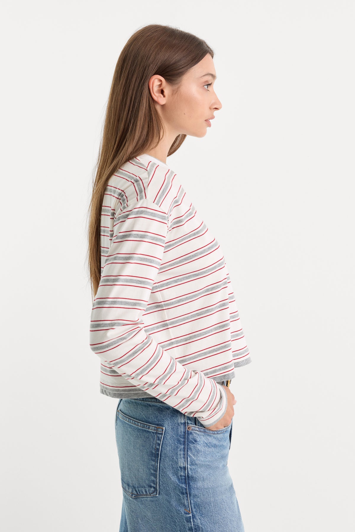 THE LONG SLEEVE LAYERED TEE | CERISE MULTI STRIPE-3 | GOOD AMERICAN | MODEL_A