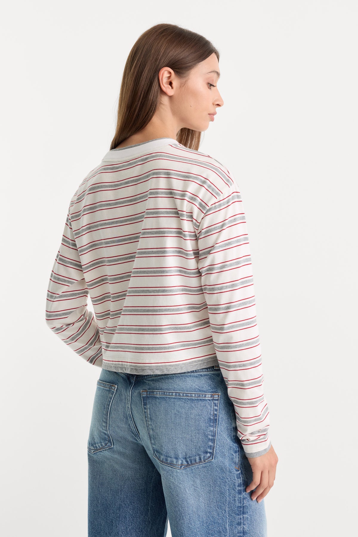 THE LONG SLEEVE LAYERED TEE | CERISE MULTI STRIPE-5 | GOOD AMERICAN | MODEL_A