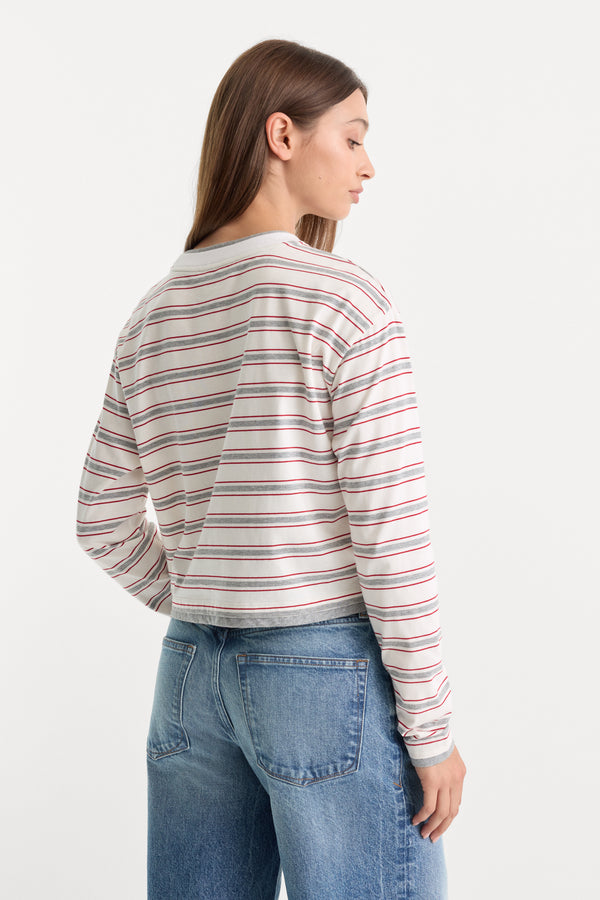 THE LONG SLEEVE LAYERED TEE | CERISE MULTI STRIPE-5 | GOOD AMERICAN | MODEL_A