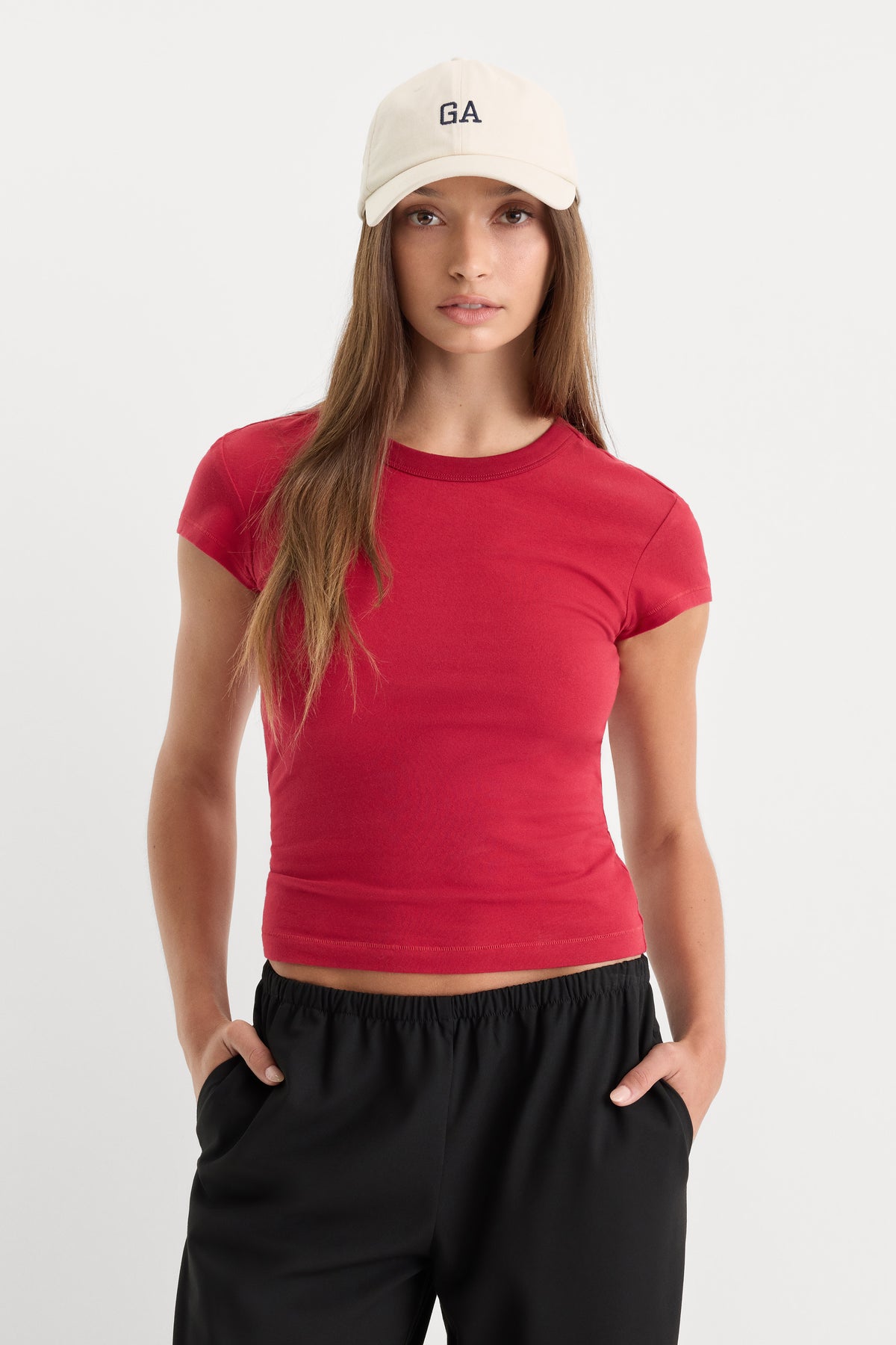 THE CAP SLEEVE TEE | CARMINE-1 | GOOD AMERICAN | MODEL
