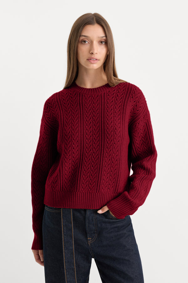 THE OPENWORK CREW SWEATER | SYRAH-1 | GOOD AMERICAN | MODEL_A