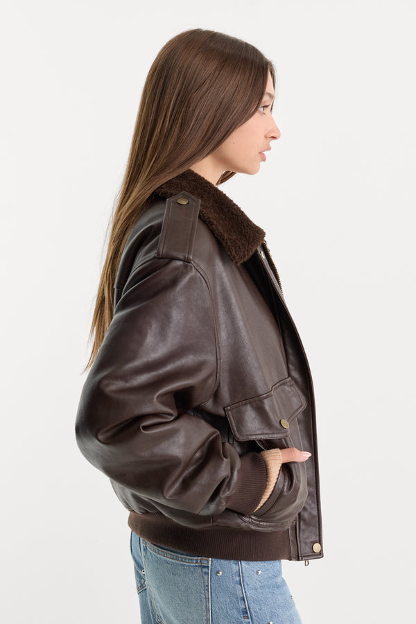 THE BETTER THAN LEATHER FLIGHT JACKET | DEEP CHOCOLATE-2 | GOOD AMERICAN | MODEL_A