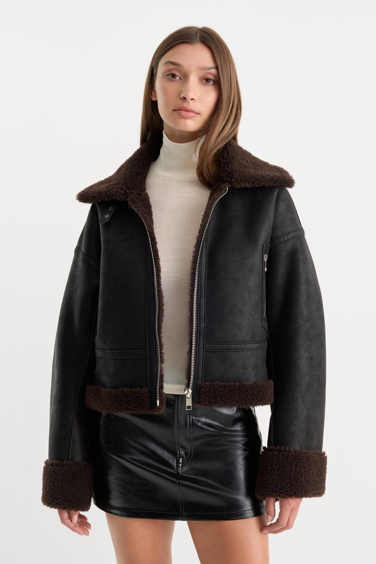 THE FAUX SHEARLING AVIATOR JACKET | BLACK WITH BROWN-1 | GOOD AMERICAN | MODEL_A